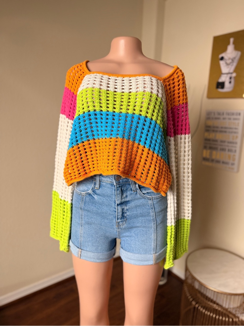 Colorblock Crochet Knit Crop Sweater - Multicolor